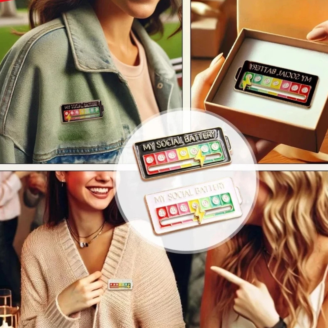 Funny Social Battery Slider Pin – 7-Mood Expression Badge, Cute Interactive Pin