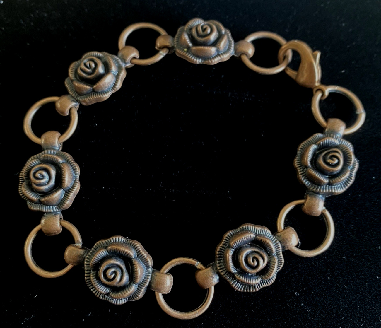 Rose Bracelet Antique Copper Hook Clasp Roses Pewter Charms 7 1/4″ inch Flower