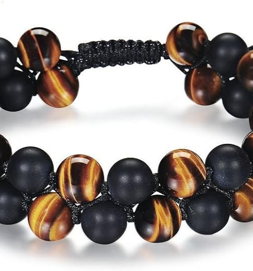 8mm Triple Protection Bracelet Natural Tiger Eye Black Onyx Lava Rock For Men