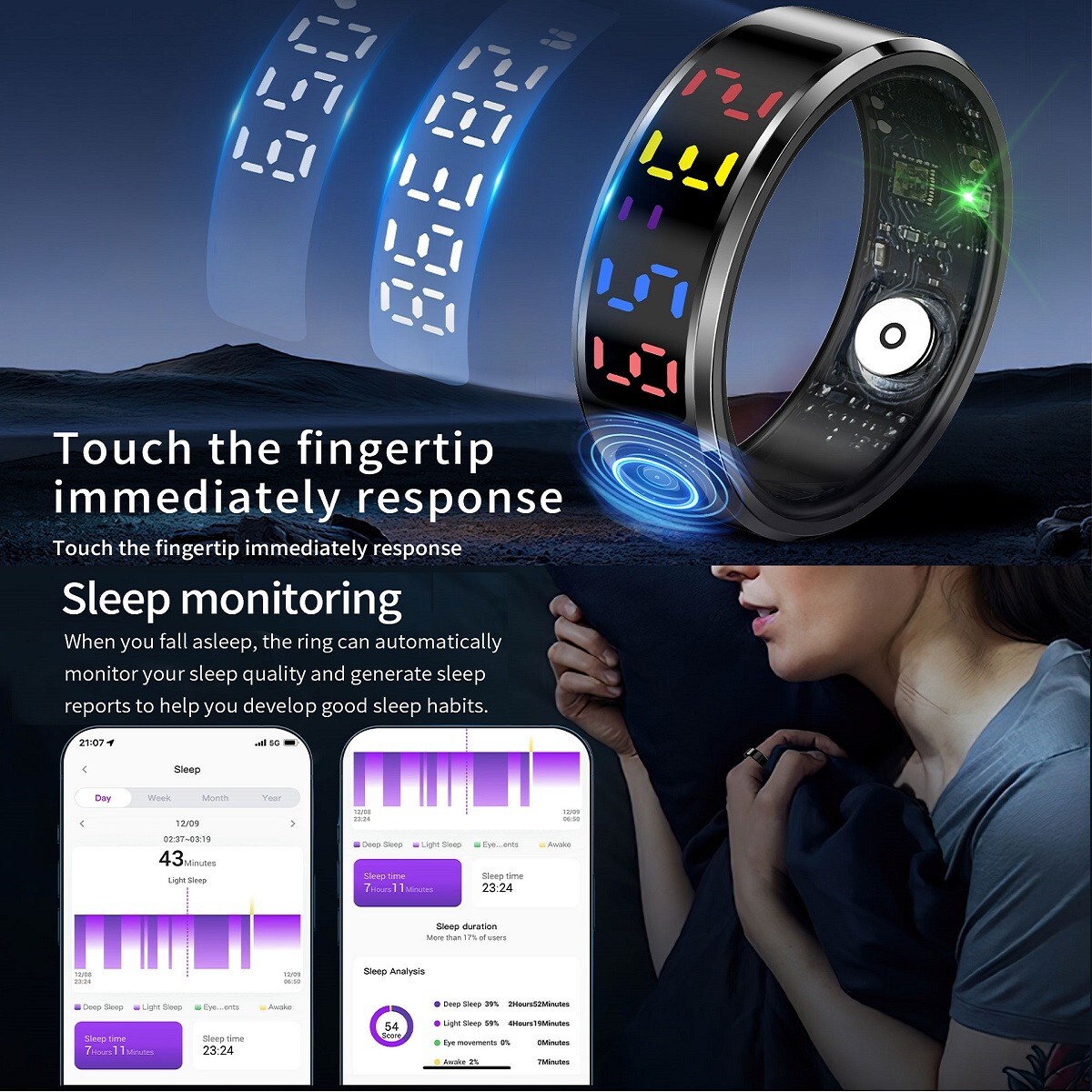 IP68 Waterproof Smart Ring Color Screen Heart Rate Blood Oxygen Sleep Monitor