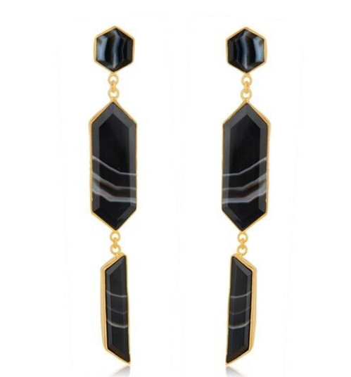 Genuine Banded Agate Gemstone 18k Gold Plated Brass Fashion Dangle Earrings