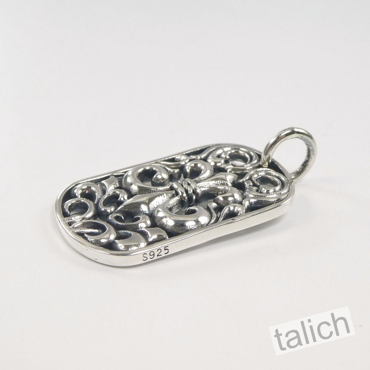 Shiny 925 Sterling Silver Cutout Fleur De Lis Ornate Scrolls Dog Tag Pendant