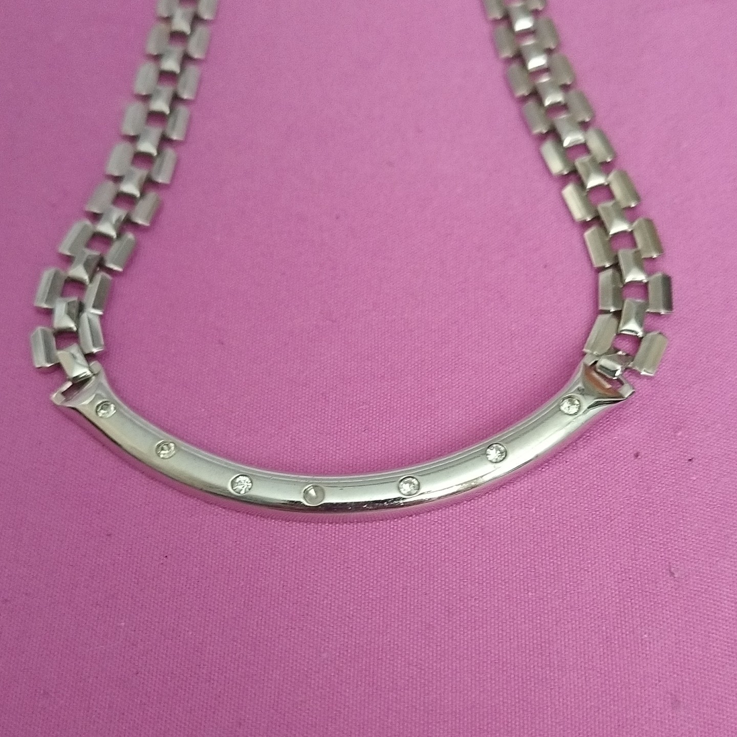 Silver Tone Link Chain Necklace Bar Pendant Bezel Set White Crystal Stations