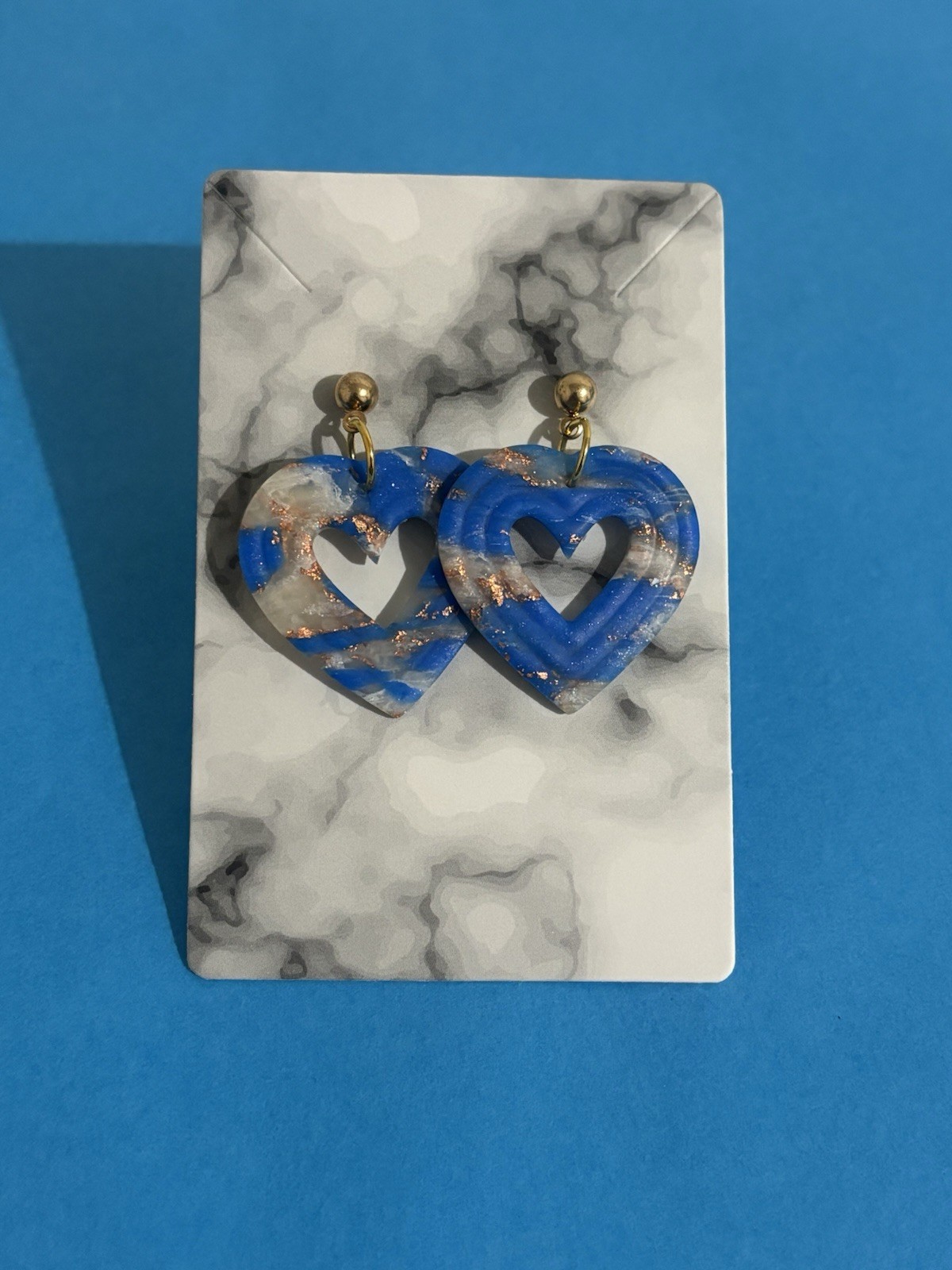 Handmade Blue Heart Dangle Drop Earrings Gold Tone Polymer Clay Butterfly Love
