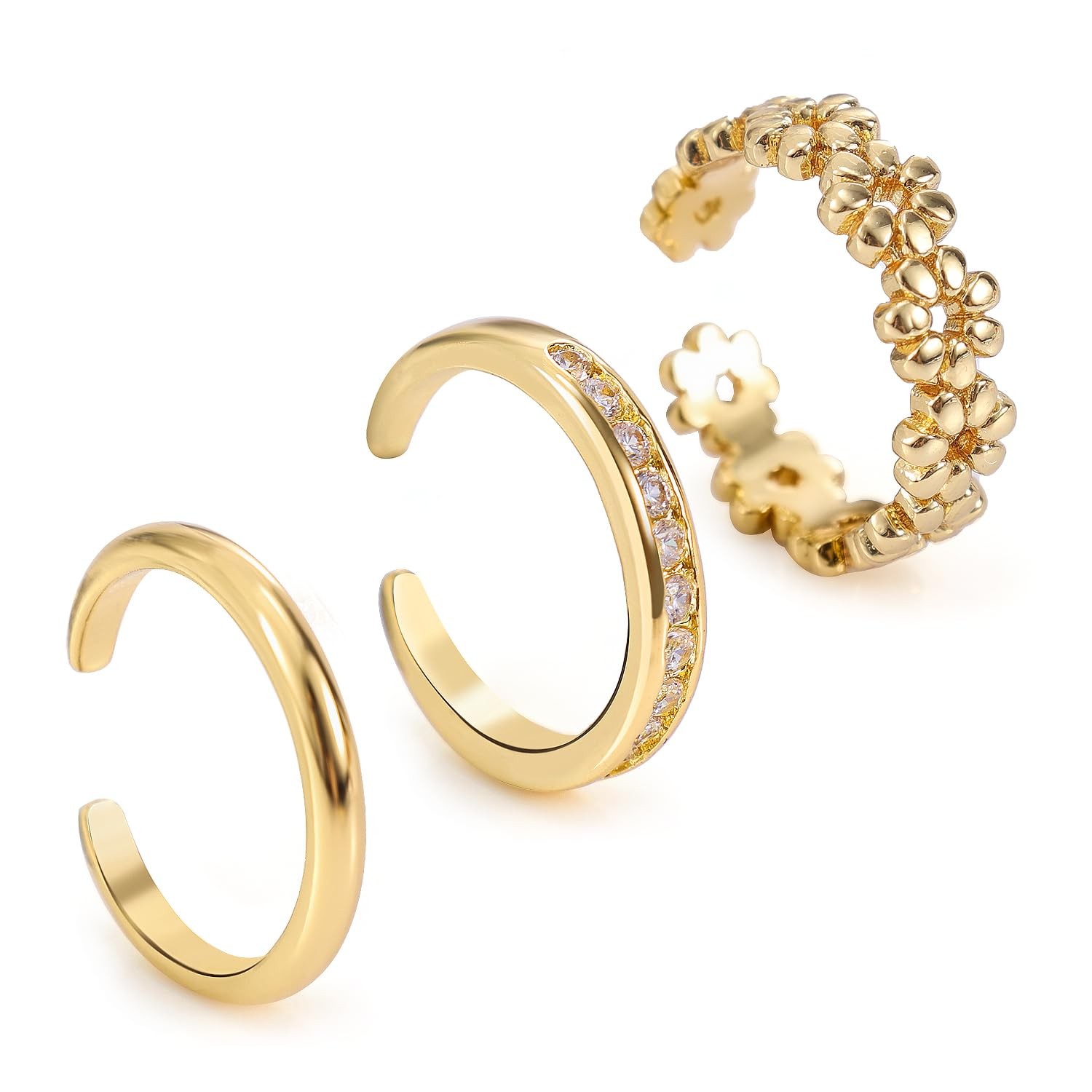 3pcs Gold Toe Rings, Open Adjustable Copper Toe Ring Set Flower Diamond Plain…