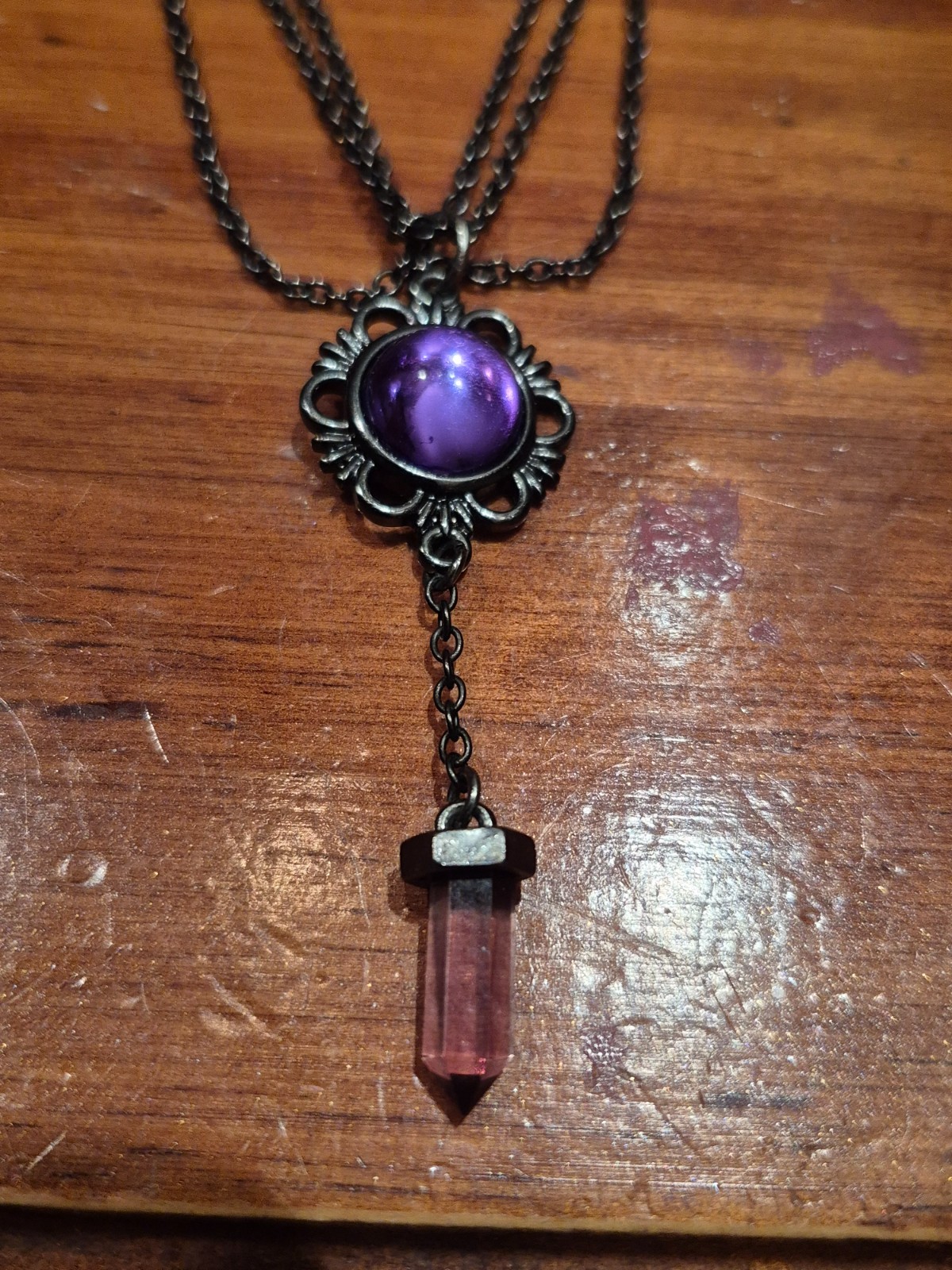 2010s Gothic Black Necklace with Purple Gem and Dangling Purple Crystal
