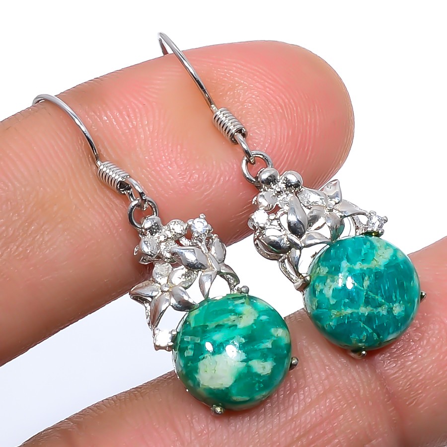 Russian Amazonite & Cubic Zirconia Solid 925 Sterling Silver Earring 1.37″ M1593