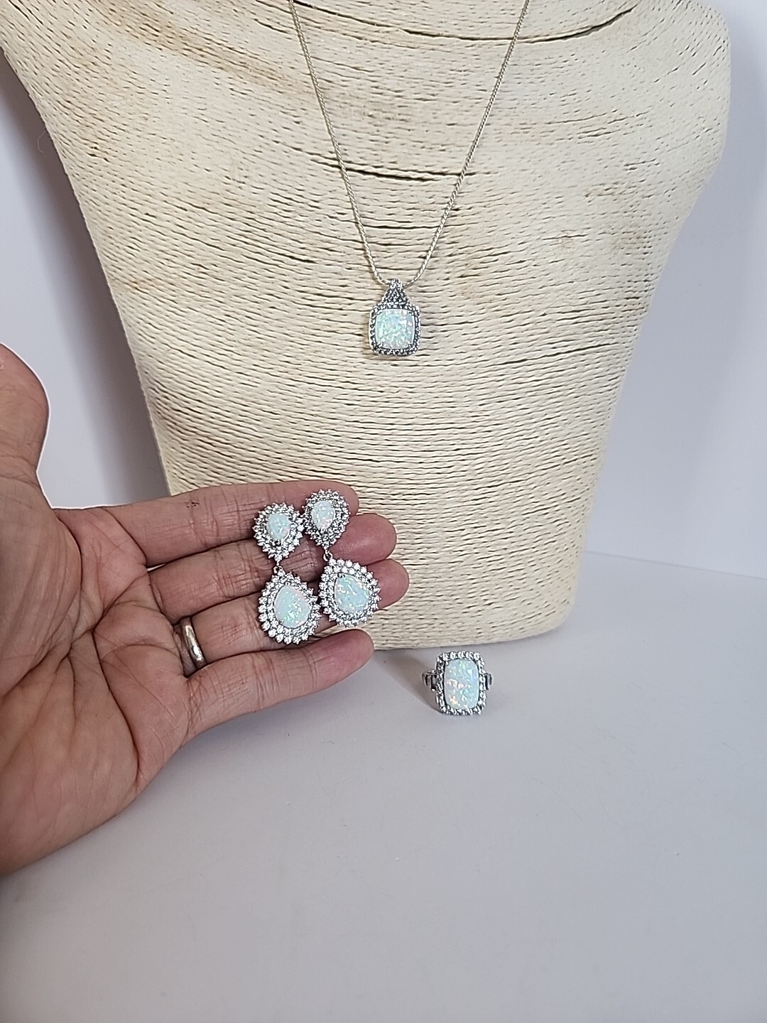 925 Sterling Silver Rhodium Finish Faux Opal Earrings, Necklace & Ring Set