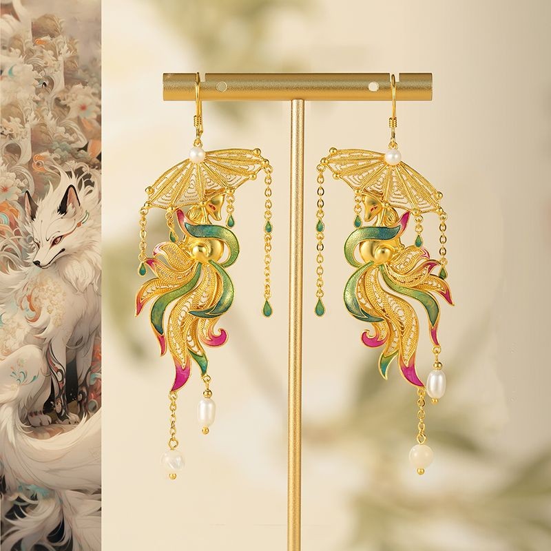 Chinese Style Nine Tail Fox Earrings Filigree Enamel Pearl Tassel Dangle