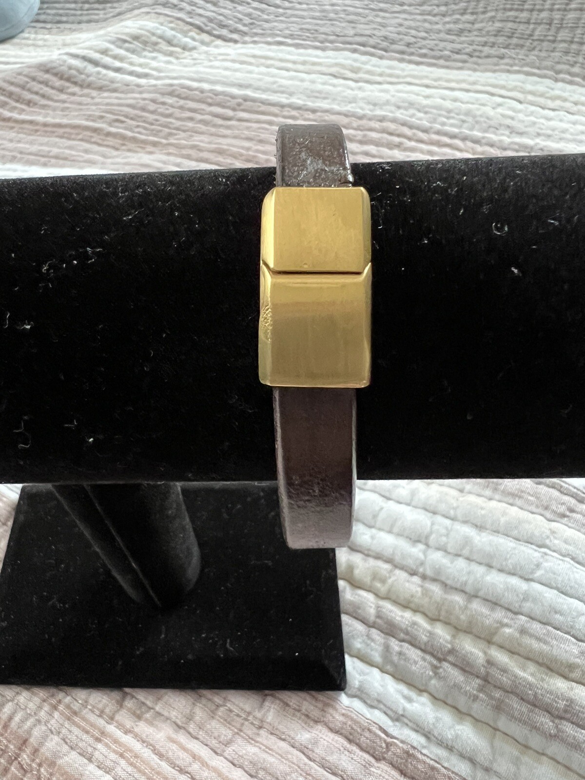 Dark Brown Leather Magnetic Lock Unisex Bracelet Gold Hardware