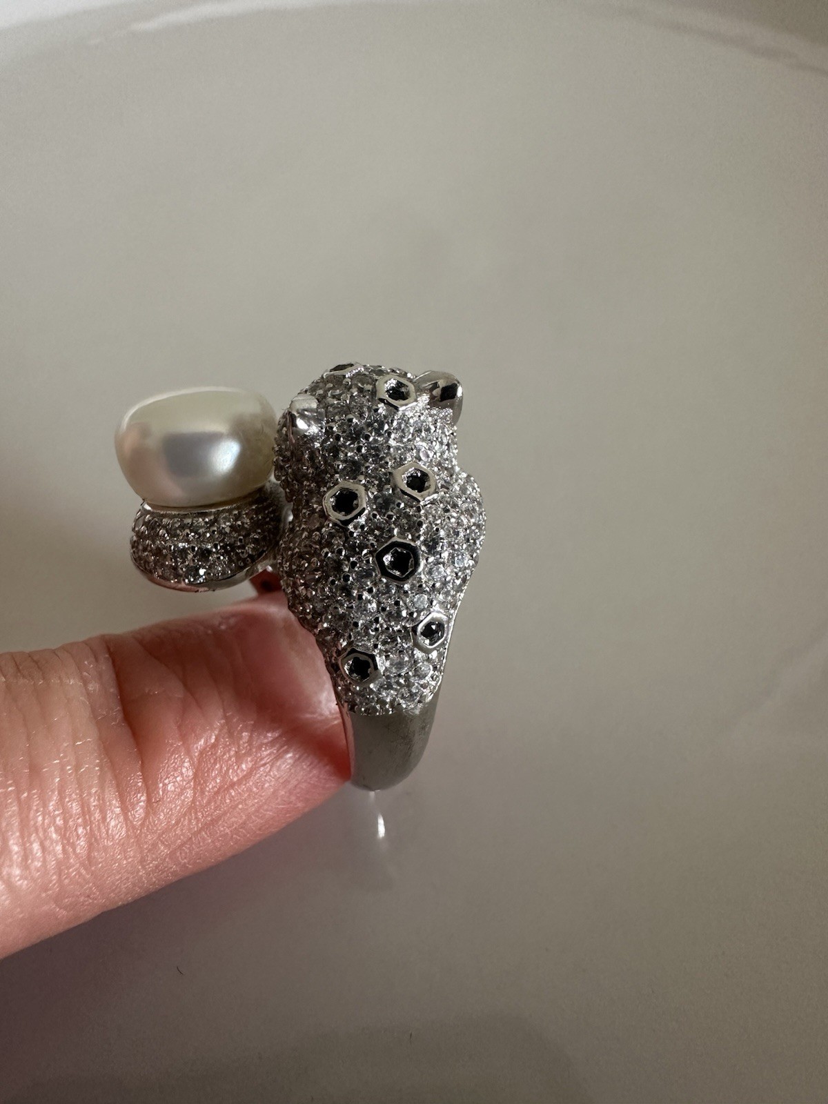 Ring 925 Silver Panther Head, Green Eye Cubic Zirconia With Pearl 7_8 Size