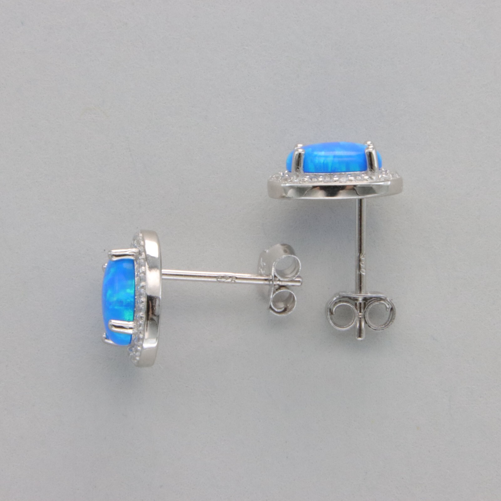 Oval Blue FIRE OPAL Post / Stud Earrings with 22 CZs – 925 STERLING SILVER #630e