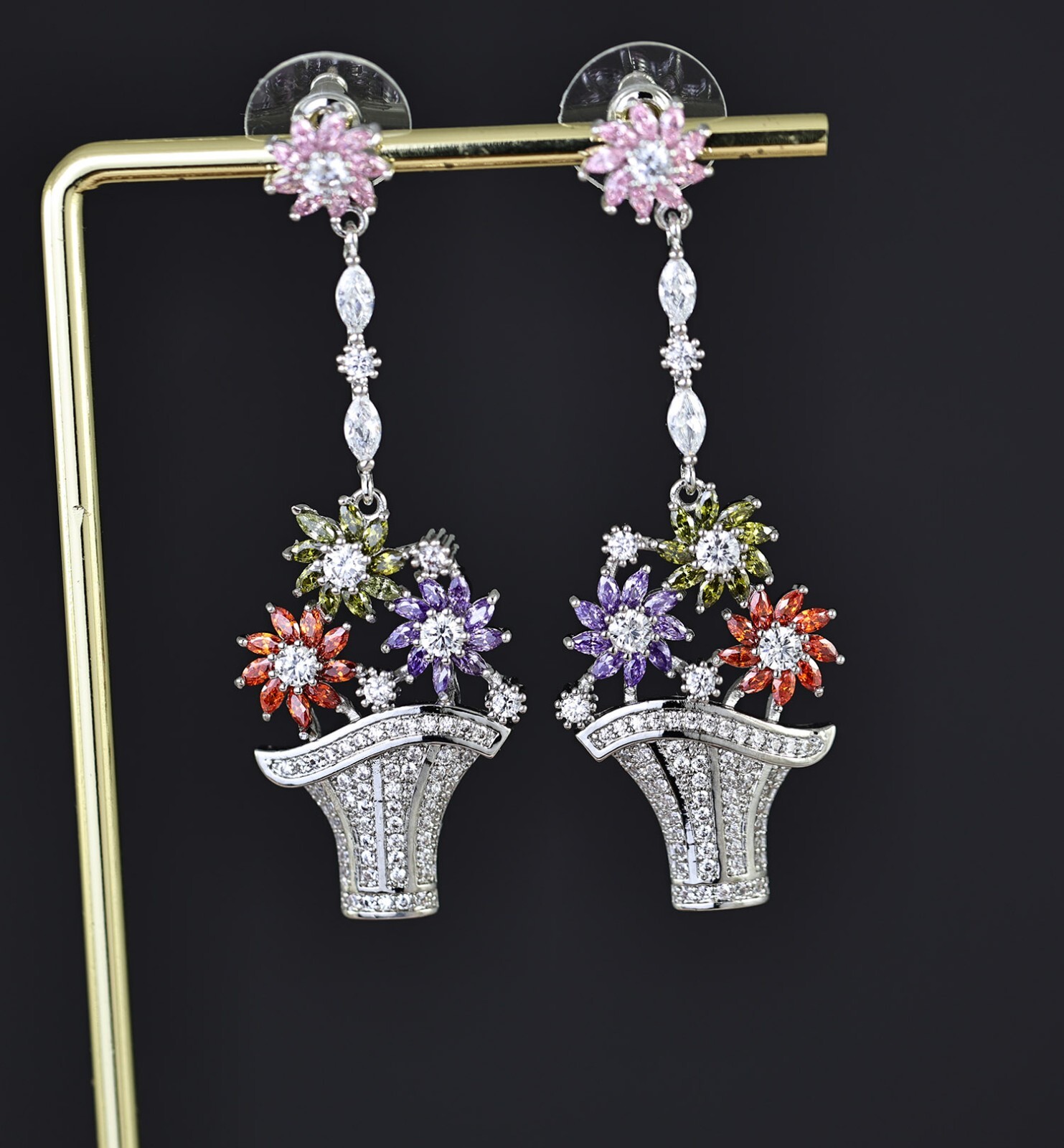 Flower Basket Multi-color CZ Cubic Zirconia Dangle Chandelier Stud Earrings N117