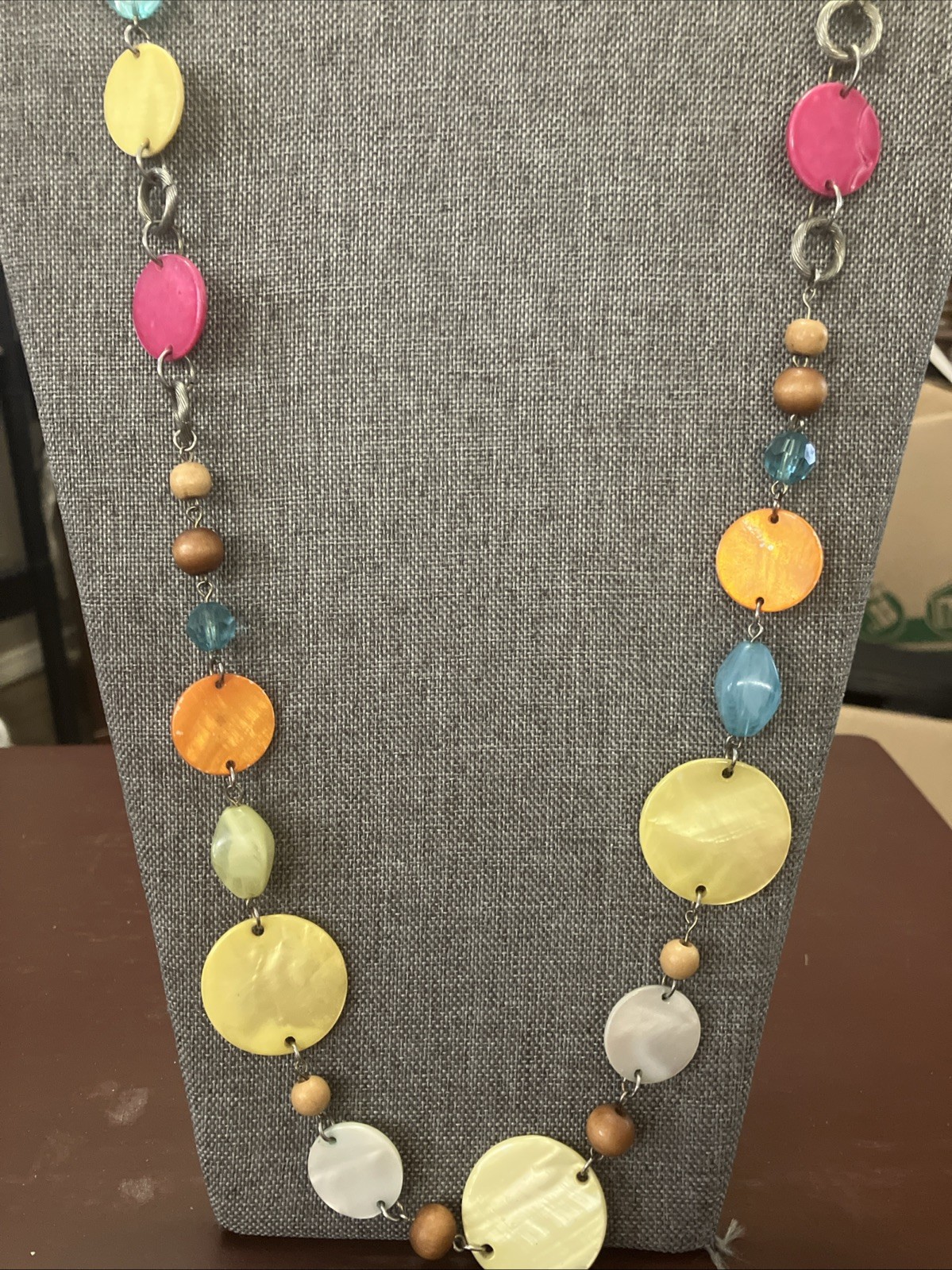 Vintage Abalone Shell Wood Bead Statement Necklace Boho Mother of Pearl Gift