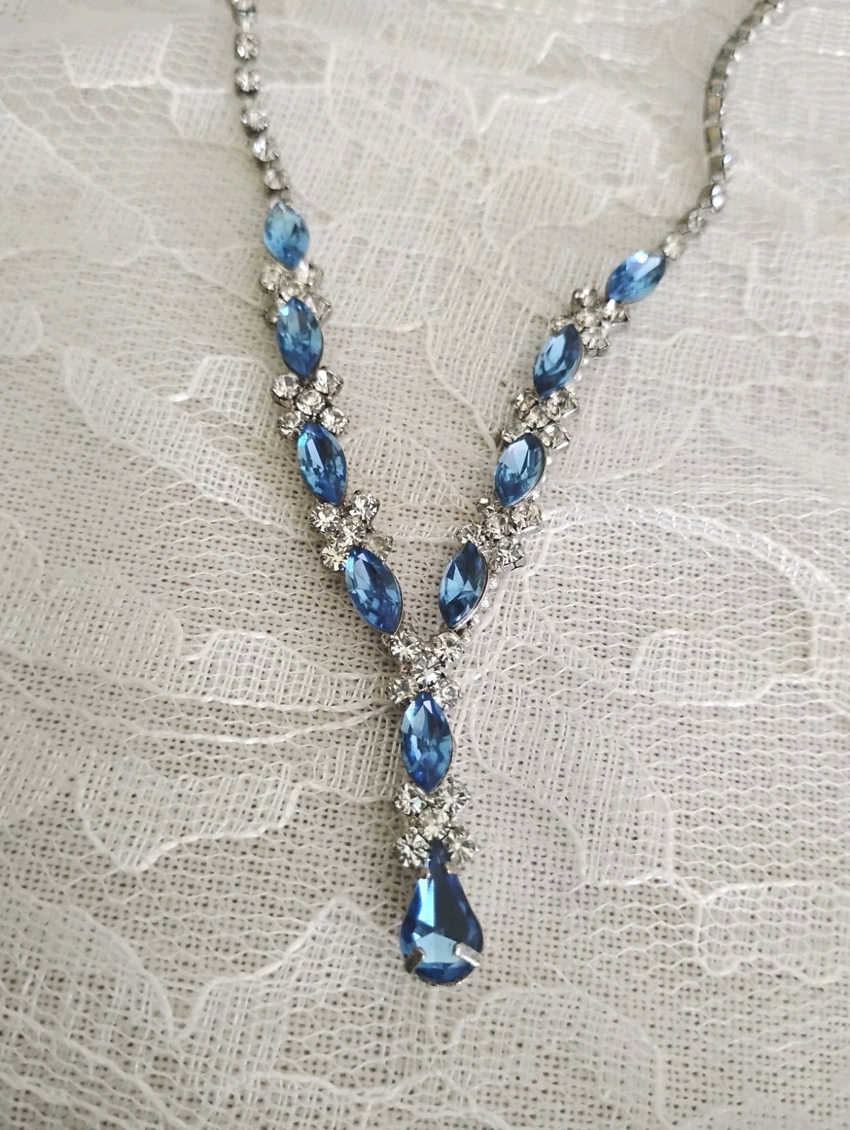 Silver Tone Blue and Clear Rhinestone Necklace