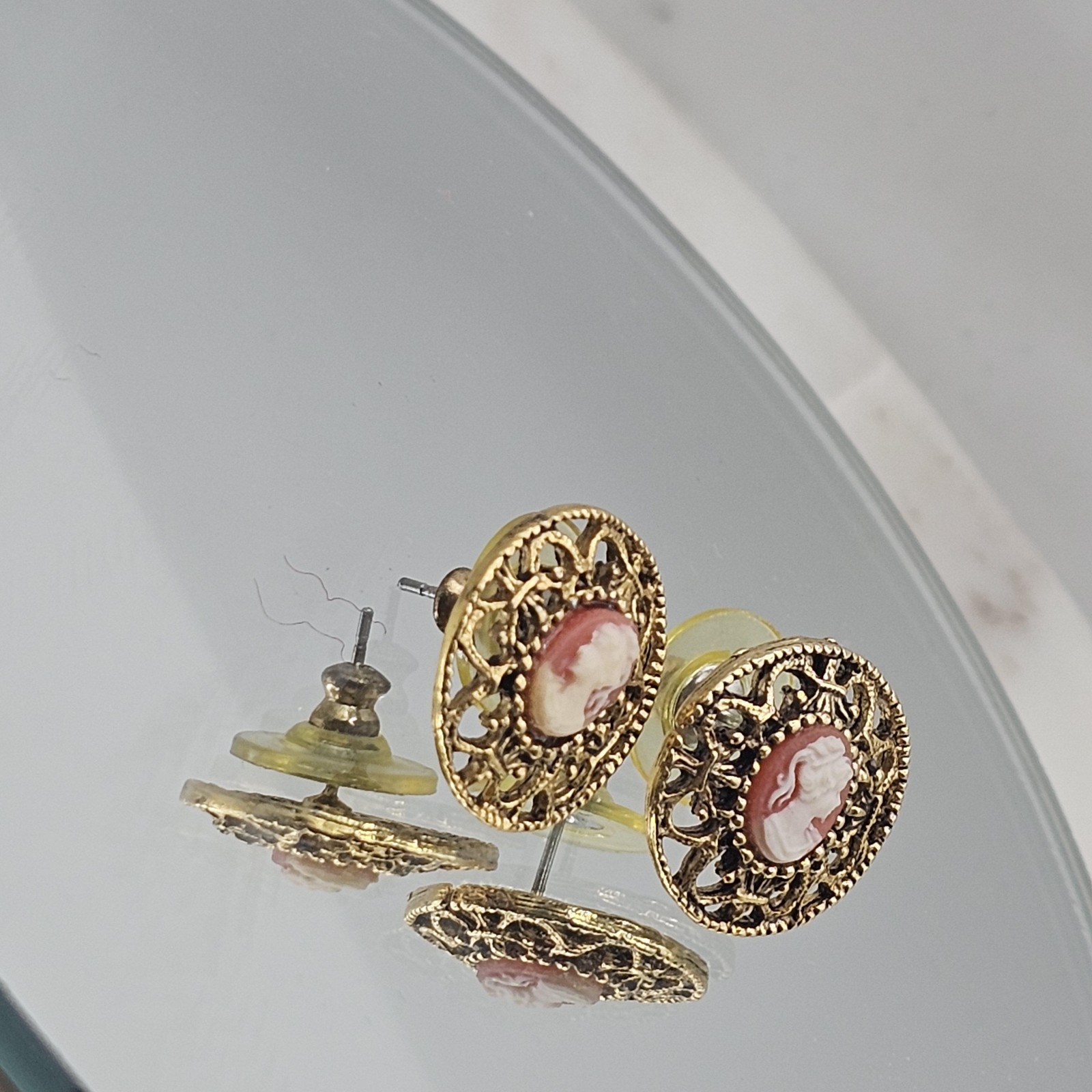 Vintage Cameo Earrings Gold Tone Filigree Round Stud Costume Jewelry