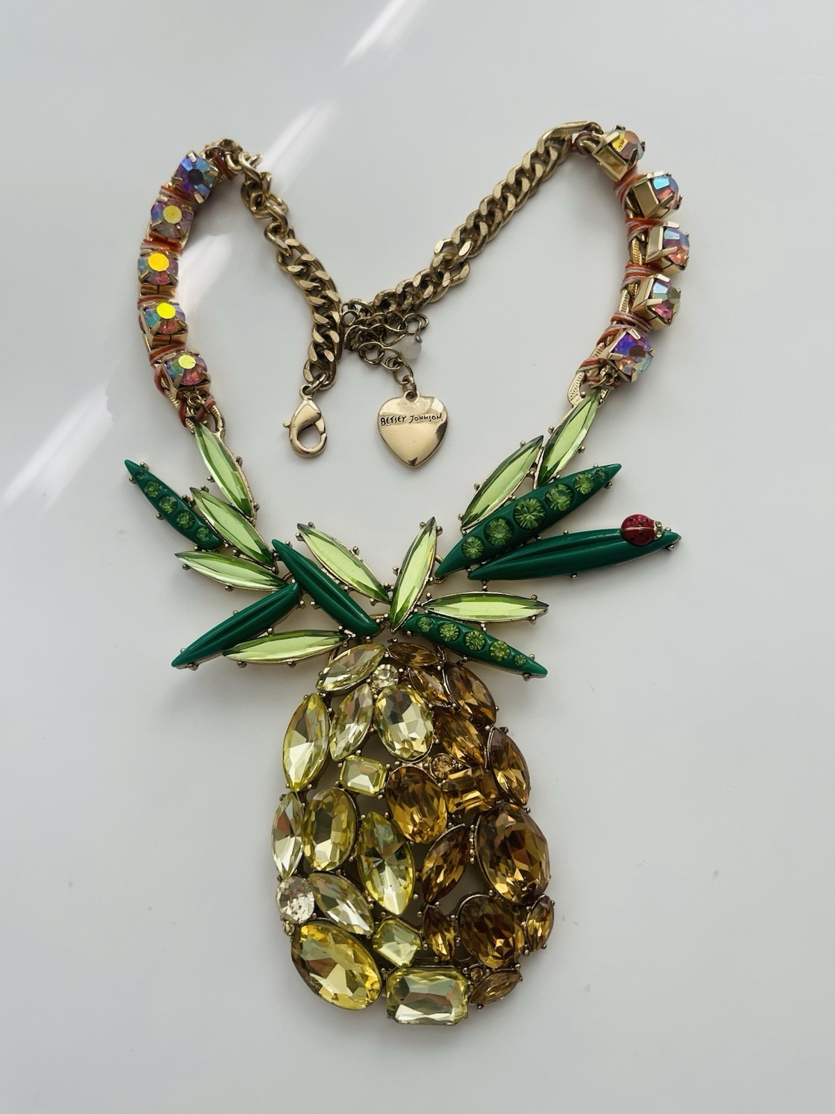 Betsey Johnson Very Large Rhinestone Pineapple Pendant Statement Necklace 18″