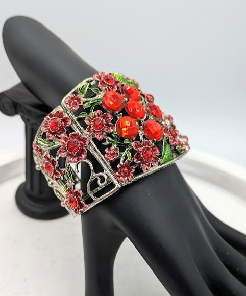 Rhinestone Cuff Bracelet Floral Red Pink Silver Tone Hinged