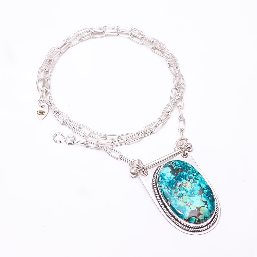 Magnesite Turquoise 925 Sterling Silver Chain Pendant 19-23″ C43, Christmas Gift