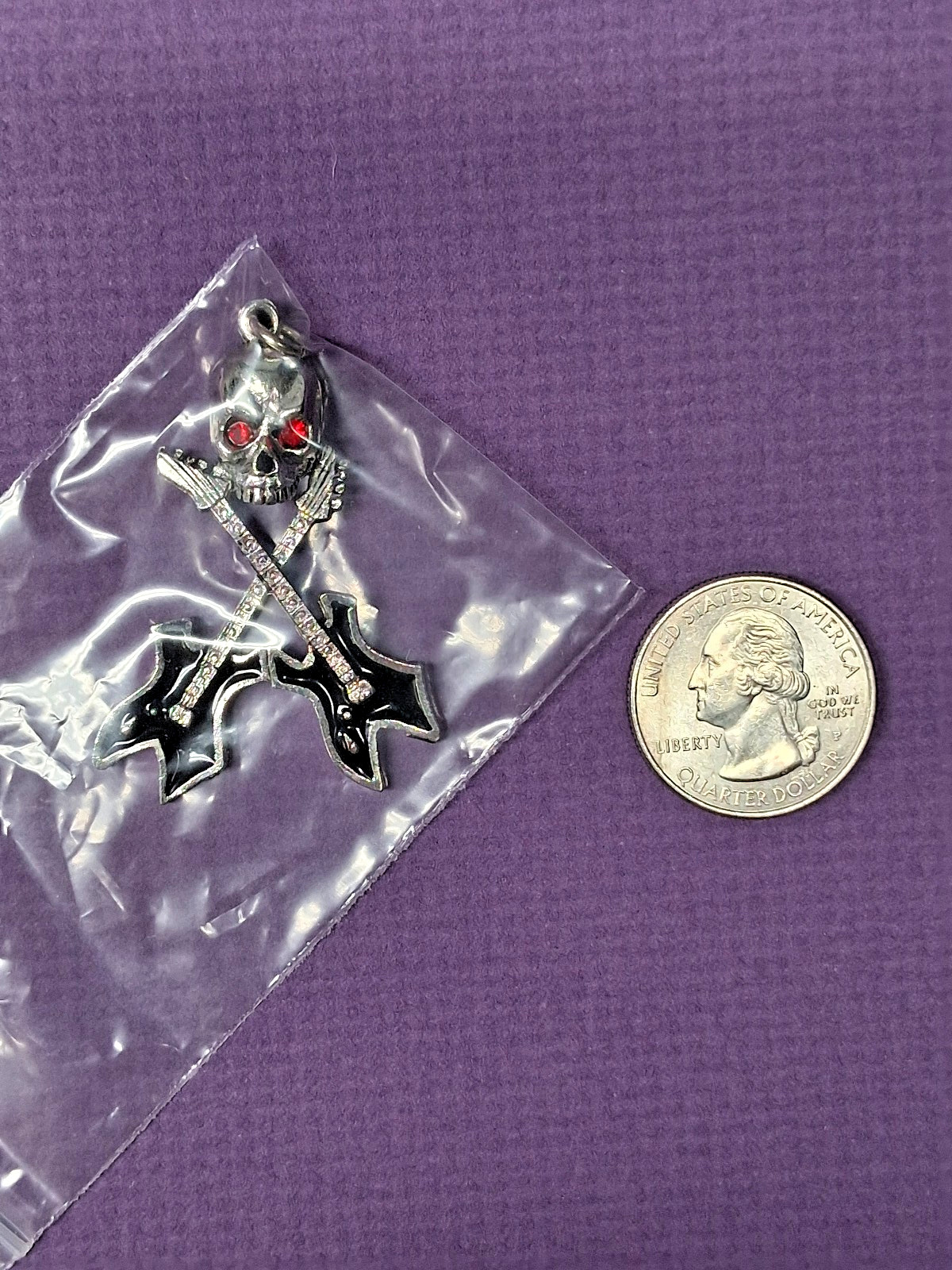 Real Metal Jewelry Musician Skull Crossed Guitars Pewter Pendant Black Enamel