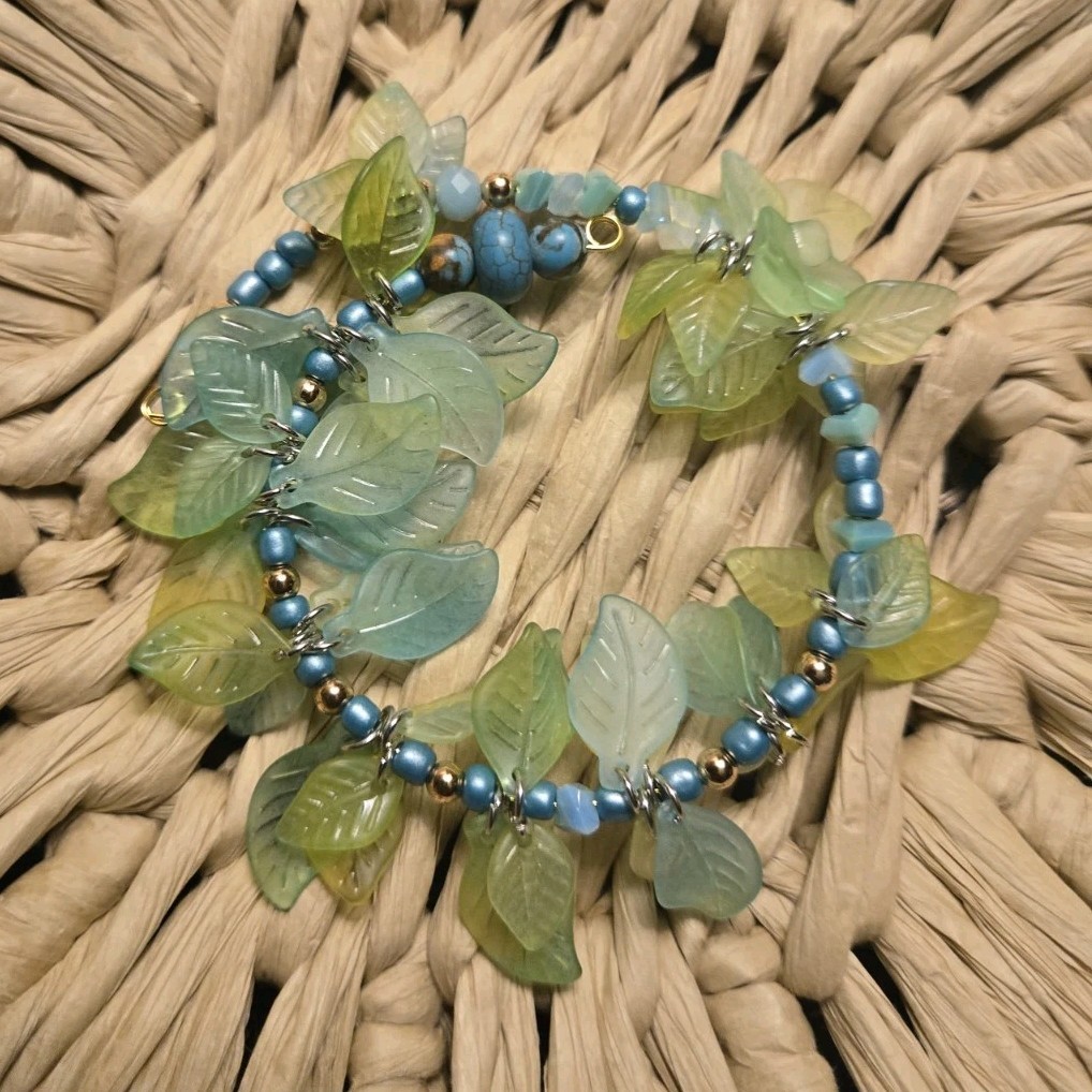 Blue Glass Beaded Bracelet, Multi Strand Wire Green Leaf Dangle Charms