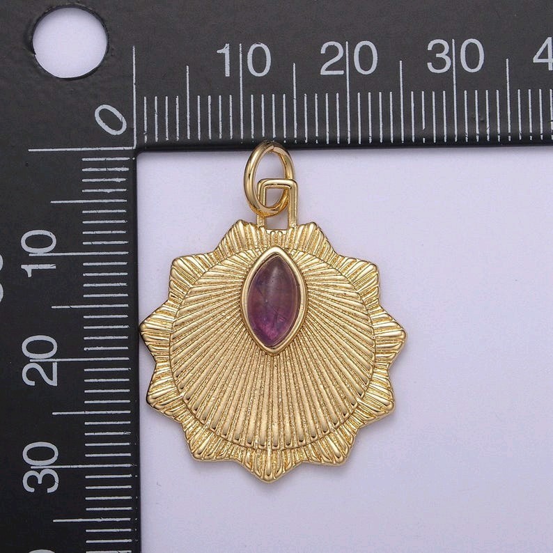 24K Gold Radial Sun Token Medallion Charm Pendant with Natural Amethyst Gemstone