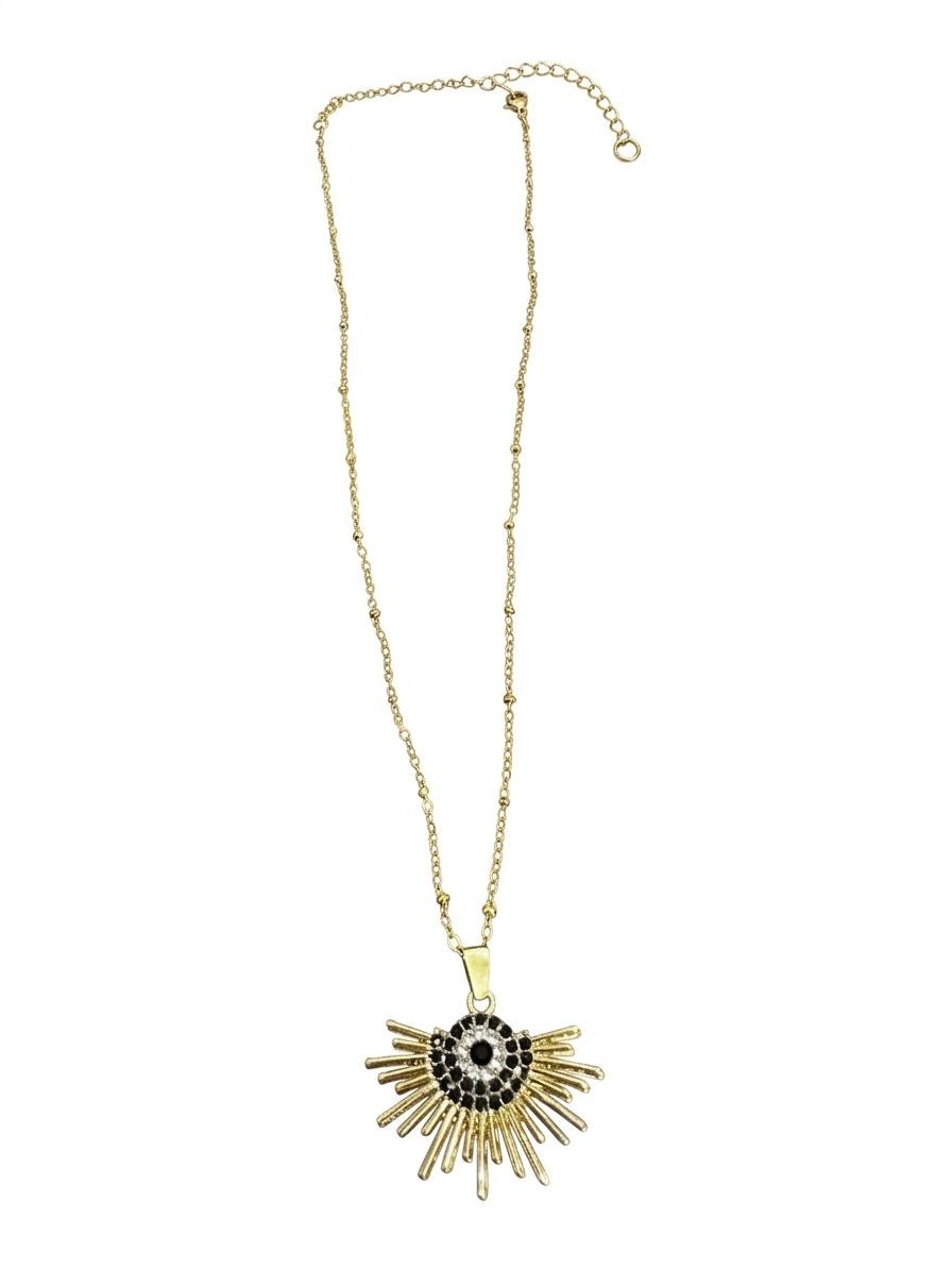 Gold Tone Celestial Sunburst Pendant Necklace Black Clear CZ Diamond Charm