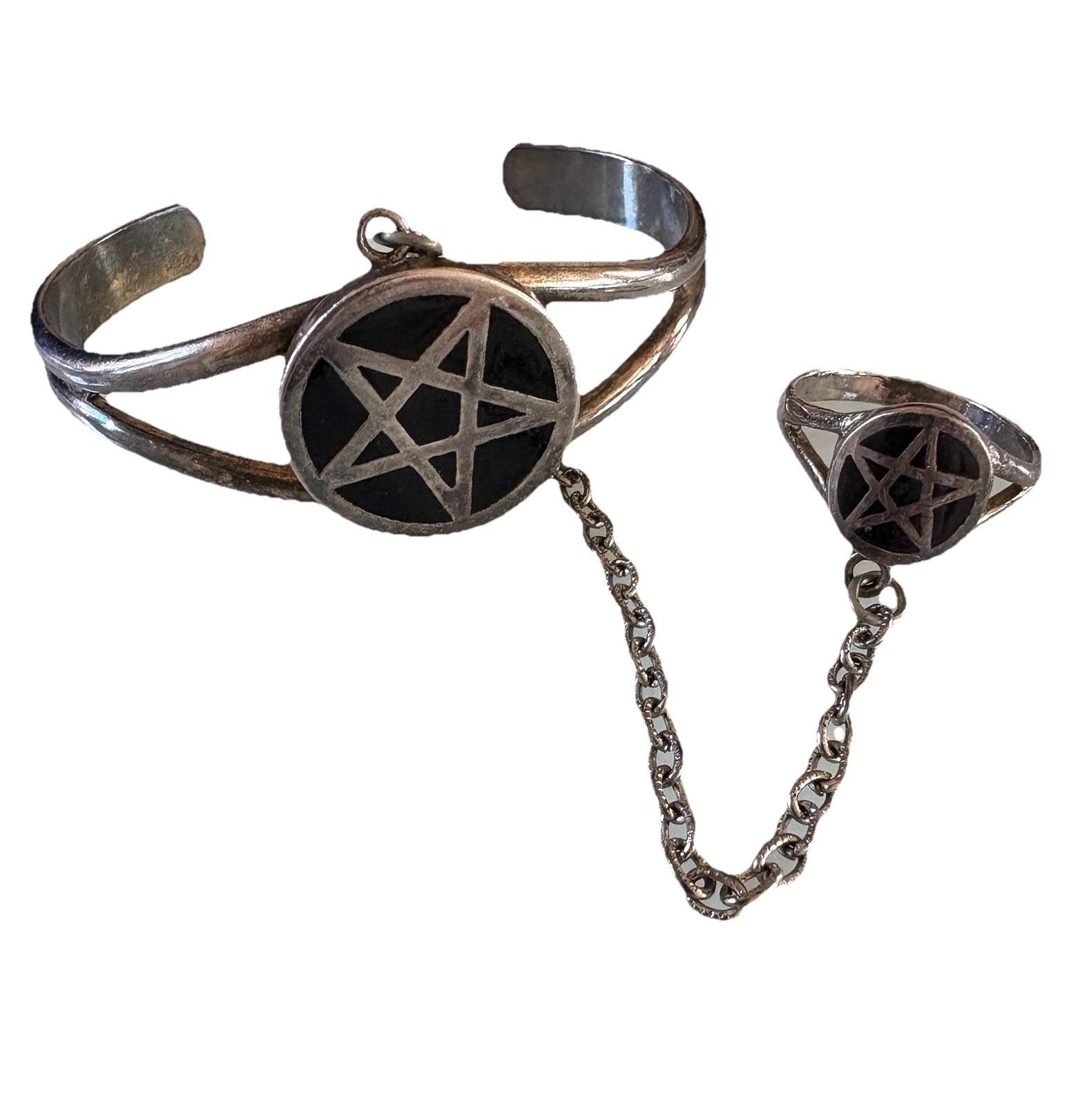 G & S 86 Silver Tone Pentagram Slave Chain Bracelet Attached Ring Size 10