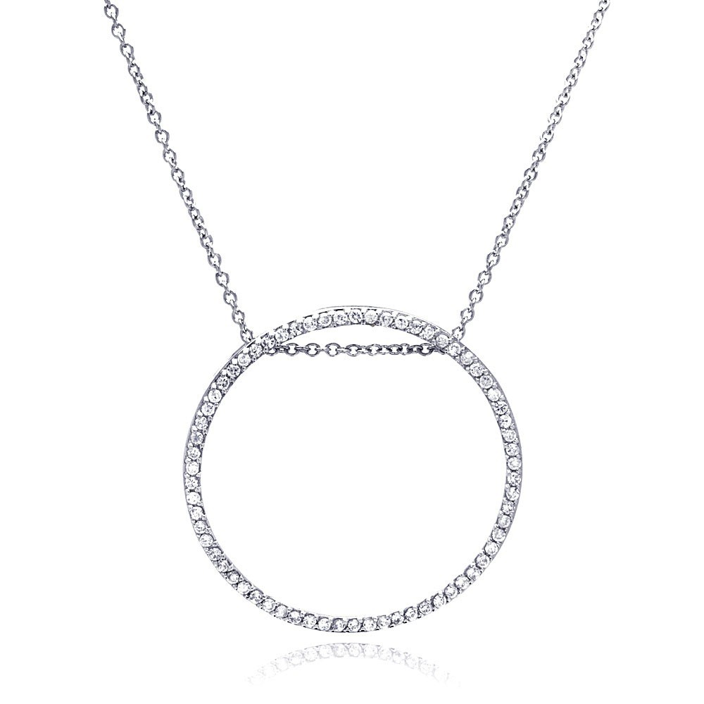 OPEN CIRCLE NECKLACE PENDANT W/ LAB DIAMONDS /925 STERLING SILVER / 18”