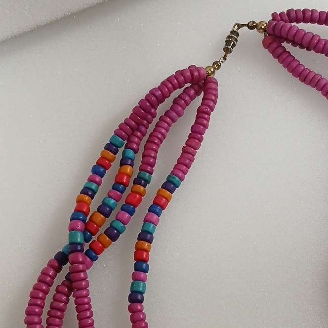 Multicolor Beaded Multi-Strand Statement Necklace Lot Wood Plastic Barrel Clasp