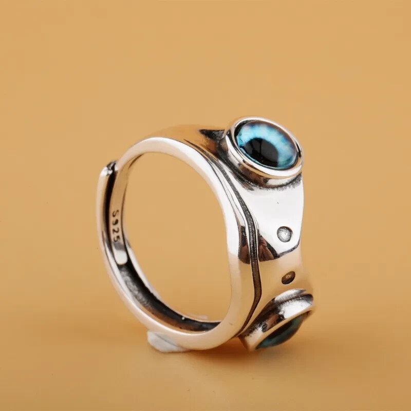 Cute Frog Blue Eye Silver Ring, Adjustable Size, Toad, Fun