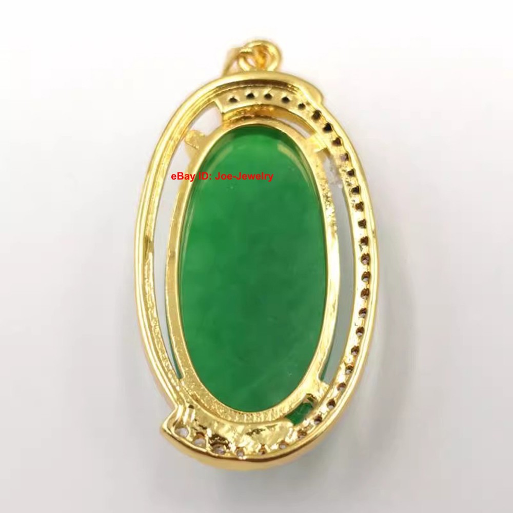 New Yellow Plated Alloy Heated Oval Green Jade Pendant 45mm H Bright