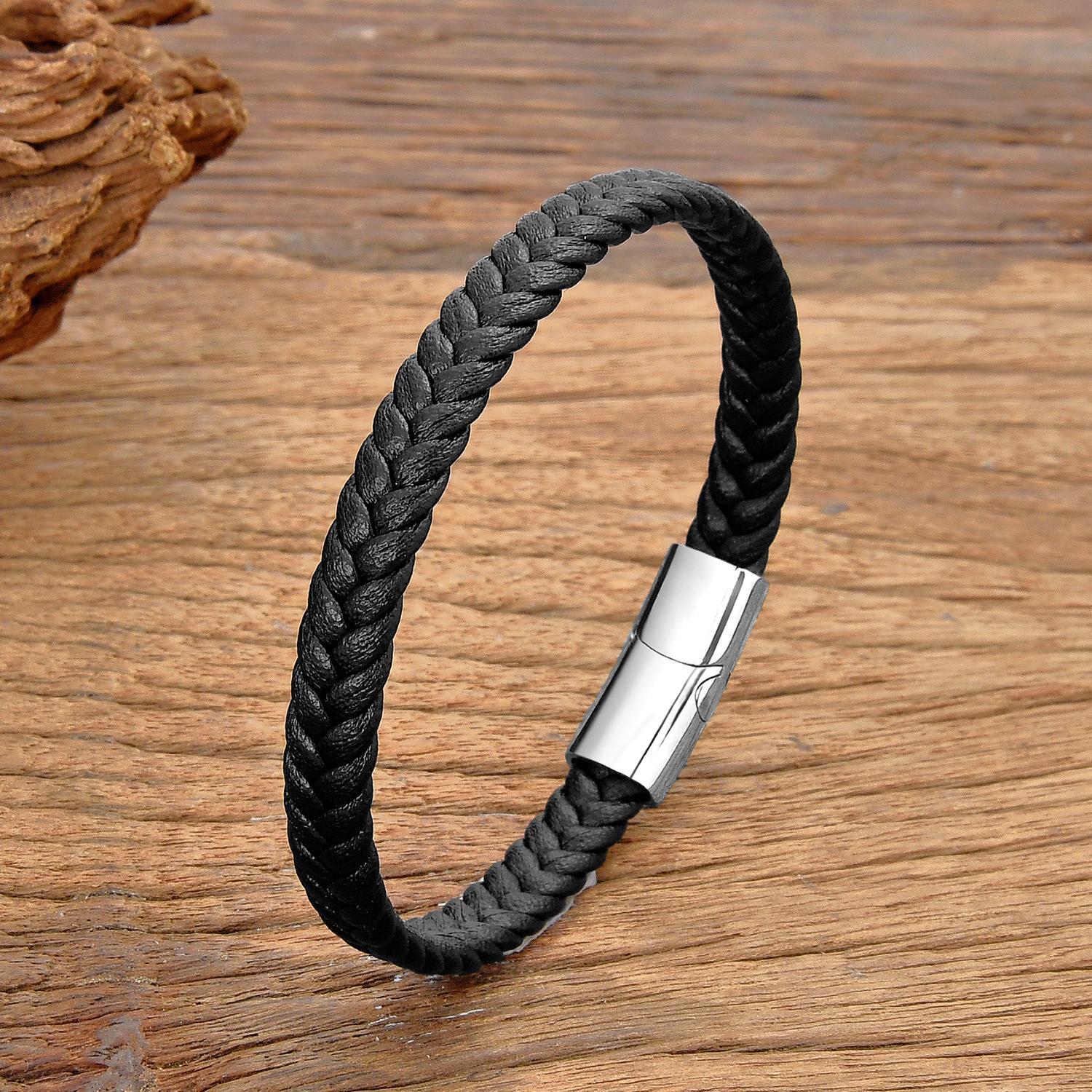 Simple Classic Stainless Steel Bracelet for Women & Men, Braided Leather Bangle