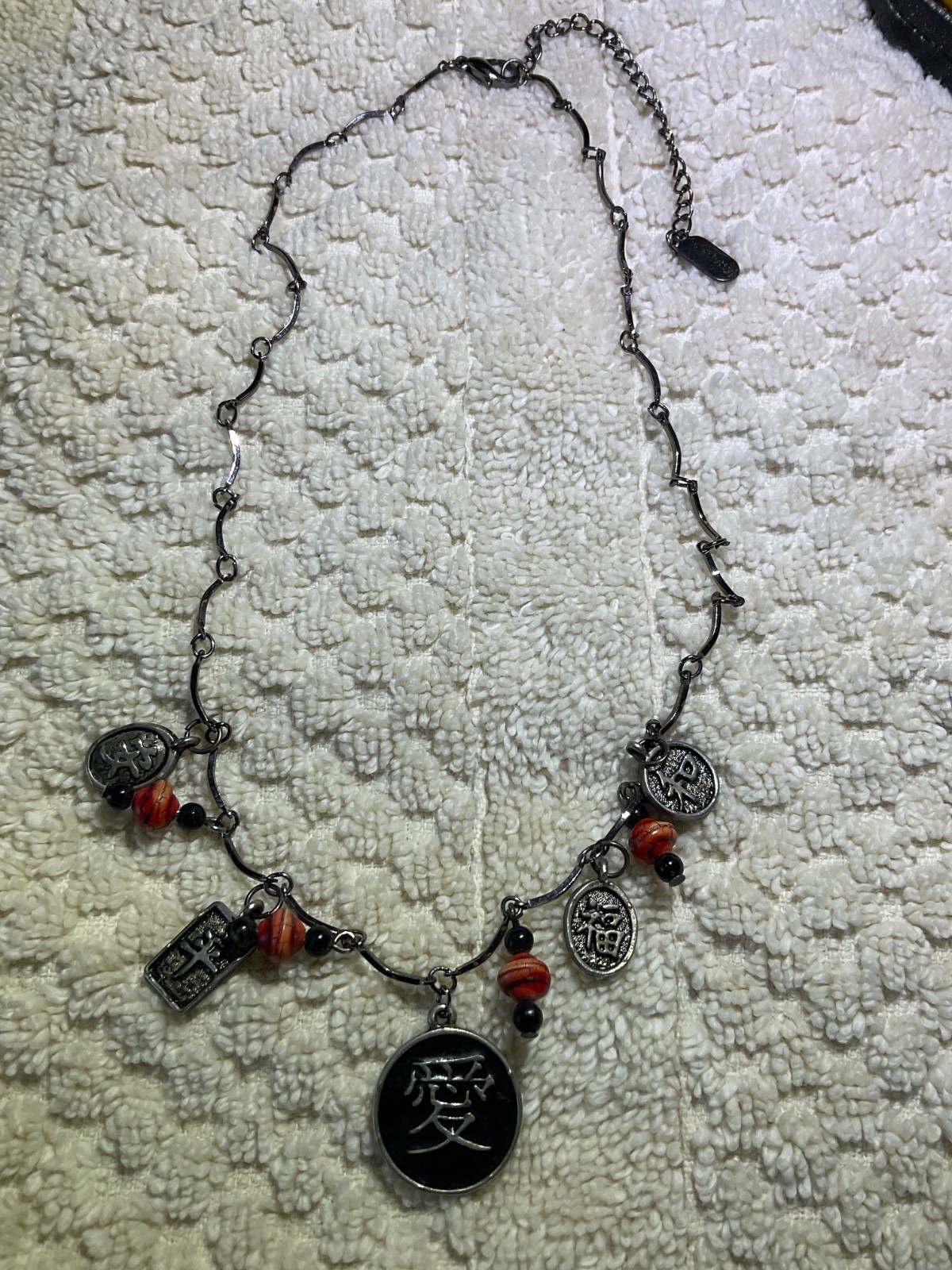 Dark Metal Chinese‑Themed Charm Necklace Symbolic Striking, Unapologeticly bold