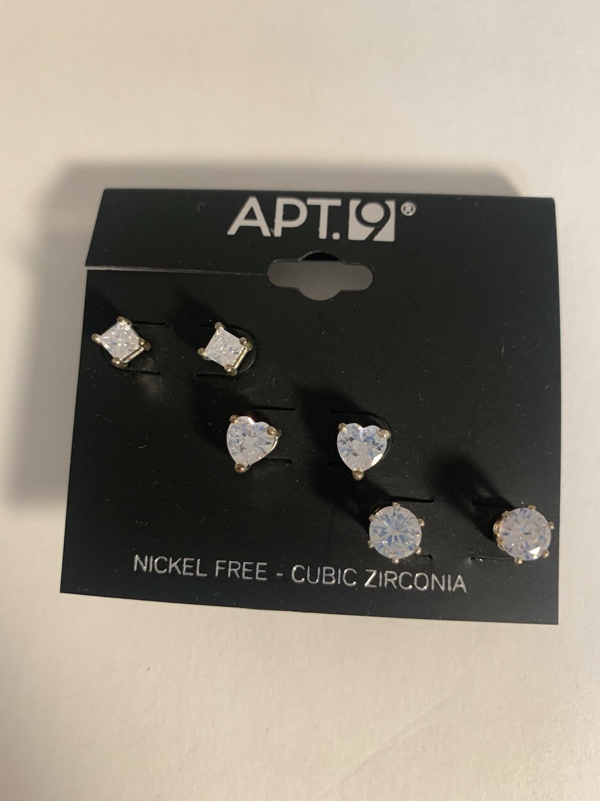 Apt 9 Silver Tone CZ Nickel Free Earrings 3 Pairs Diamond Heart Round Studs New