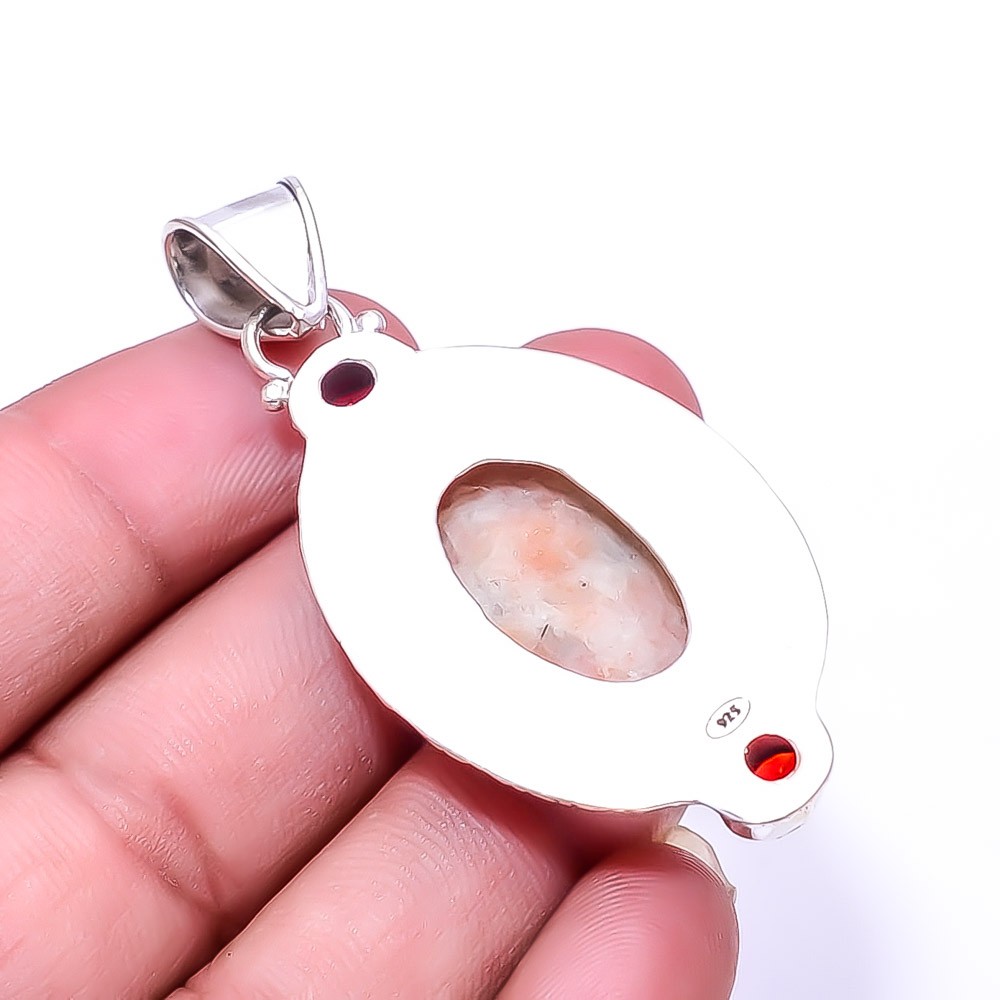 Golden Sunstone & Red Garnet Fine Art 925 Sterling Silver Pendant 2.50″ P13