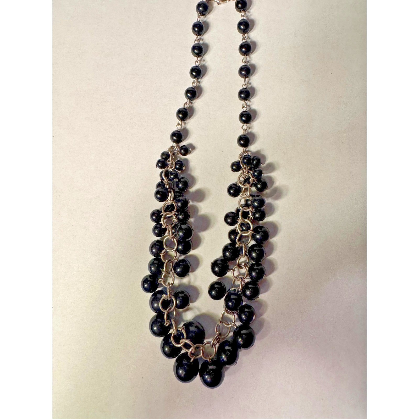 Black Cluster Bead Statement Necklace Silver Tone Chunky Bib 18 Inch