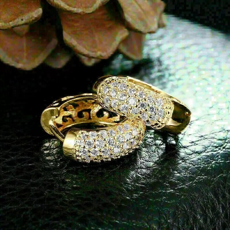 Fashion Women 18k Gold Plated Iced Cz Sparkling Huggie Earring Stud Drop Dangle