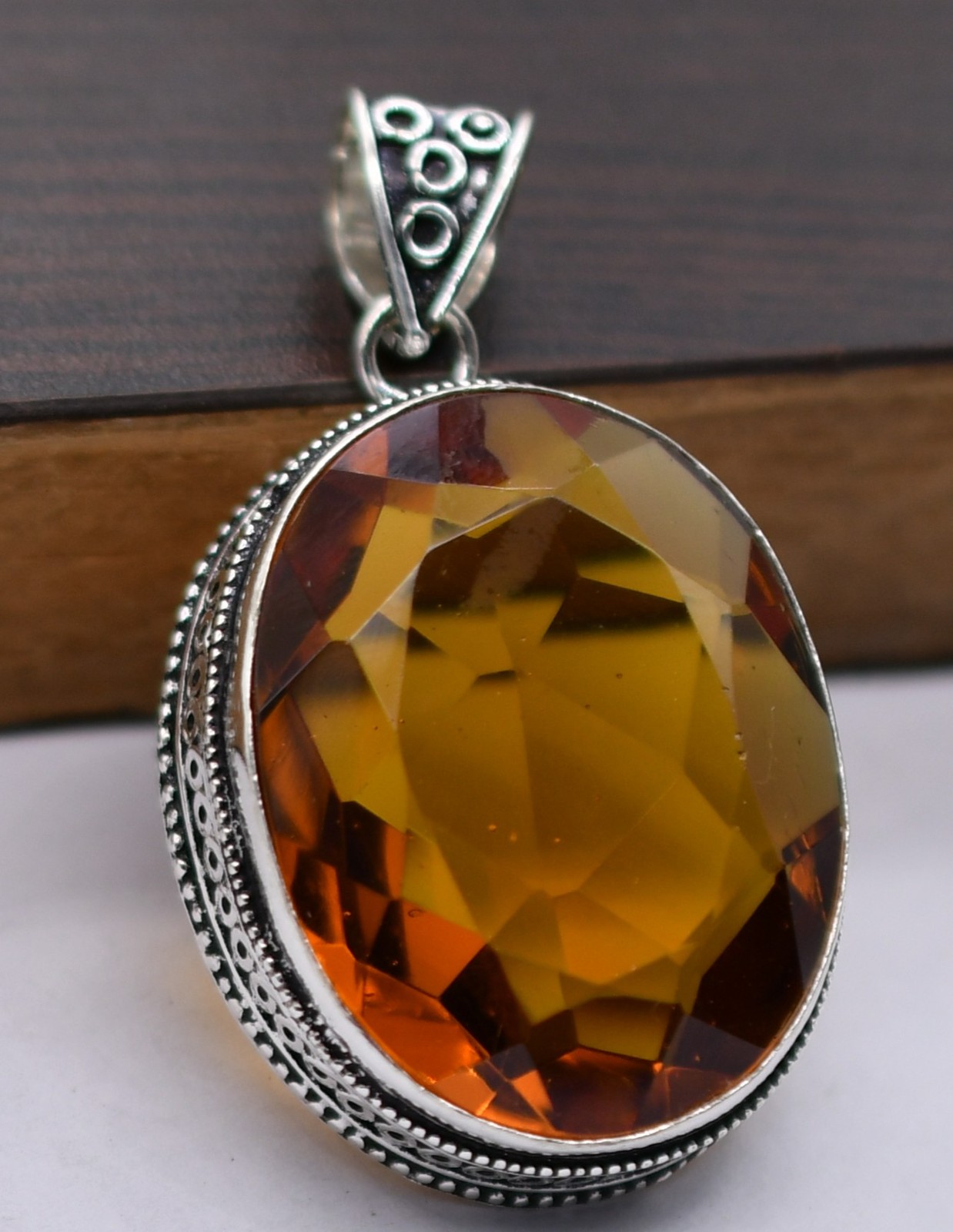 Citrine Hydro Gemstone Antique Silver Plated Pendant 2.5″ J 1347