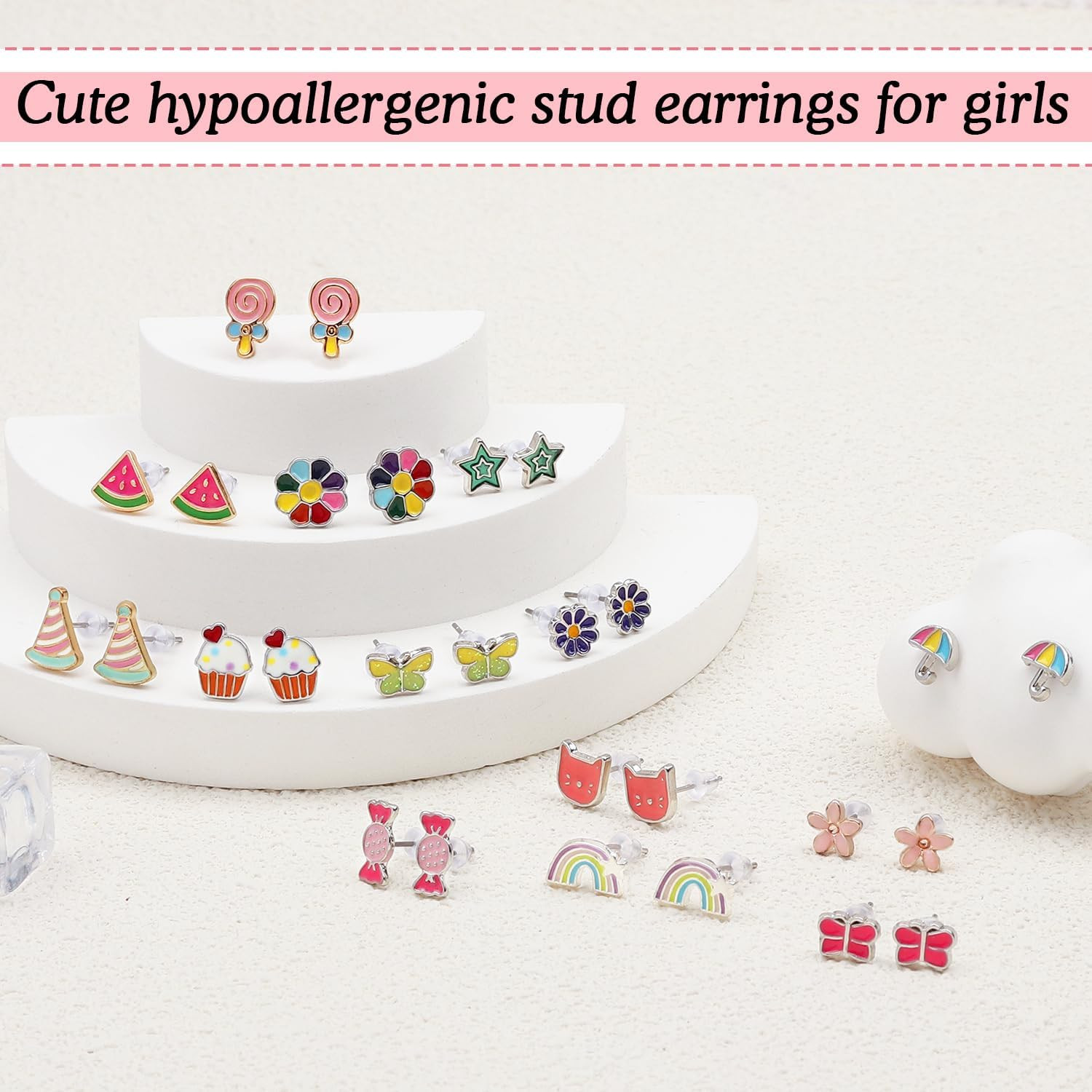 24 Pairs Hypoallergenic Stud Earrings for Girls Kids Cute Stainless Steel Earrin