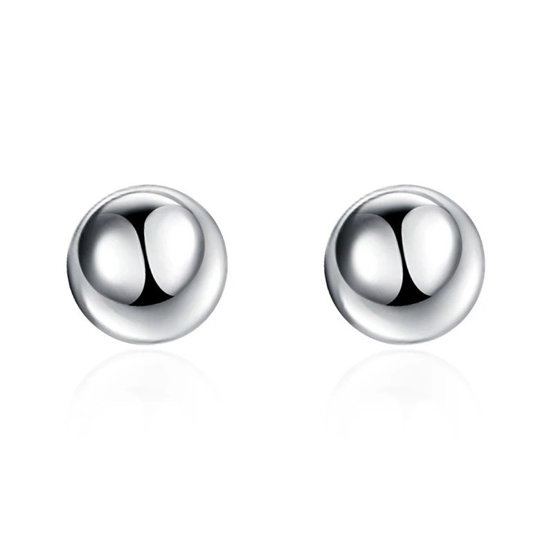 Cute 925 silver 10mm round smooth solid bead ball earrings for women