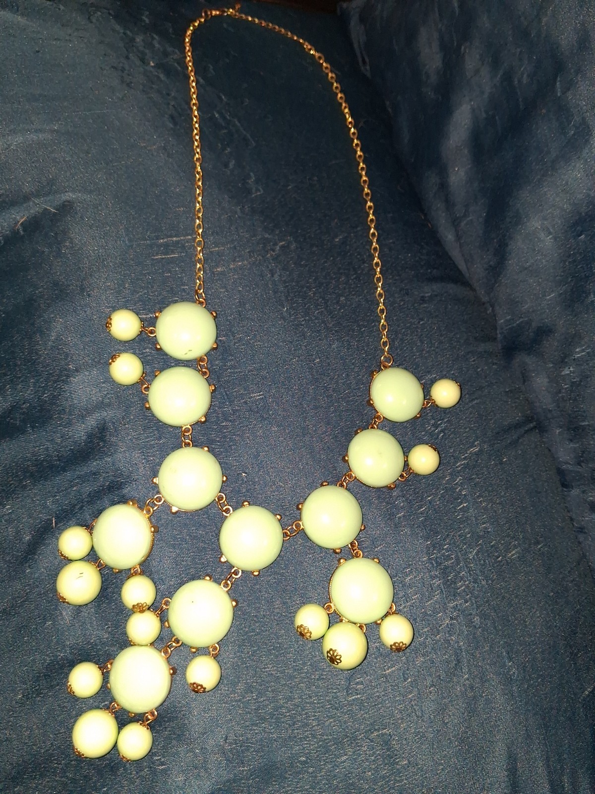 Gold Tone Statement Bib Cable Chain Necklace Pale Green Round Bead Dangle
