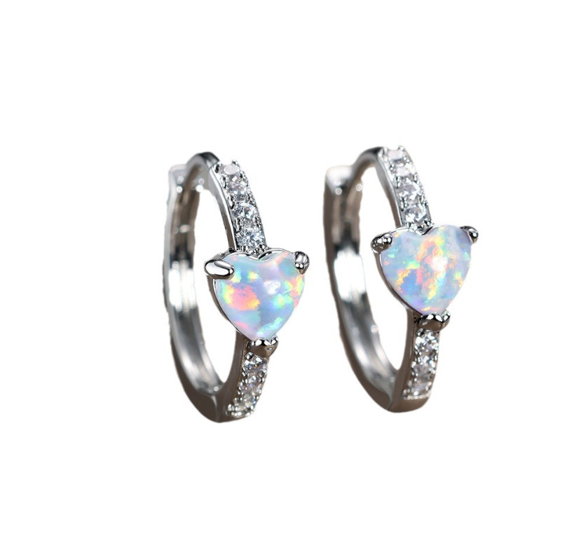 Women Girl 925 Silver Tone Heart Opal CZ Hoop Huggie Earrings 15mm Gift F31