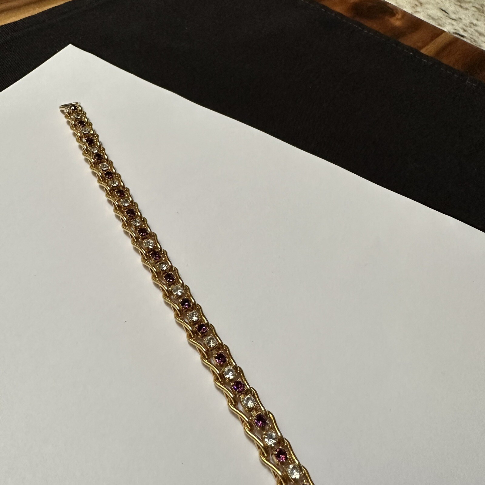 Women’s Gold Tone Purple / Clear Rhinestone Tennis Chain Bracelet 7 3/8 Inch