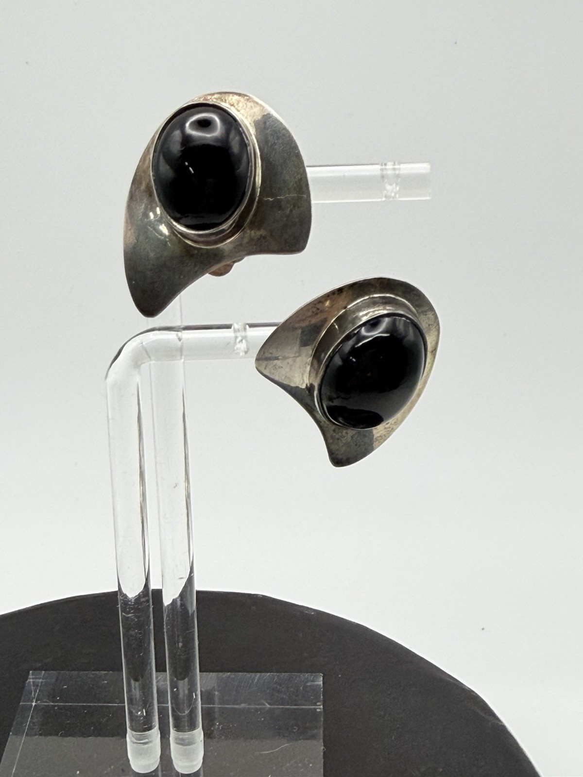 Vintage Taxco Mexico 925 Sterling Silver & Onyx Clip On Earrings 16.95 Grams