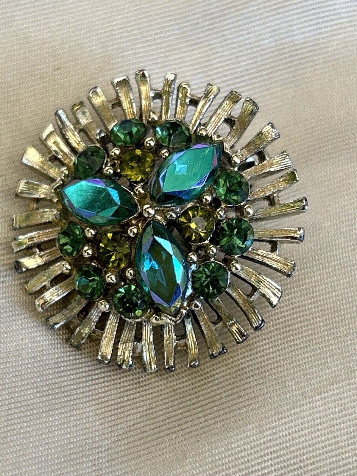 Vtg Signed LISNER Green Rhinestone Set Starburst Brooch Bracelet Earrings