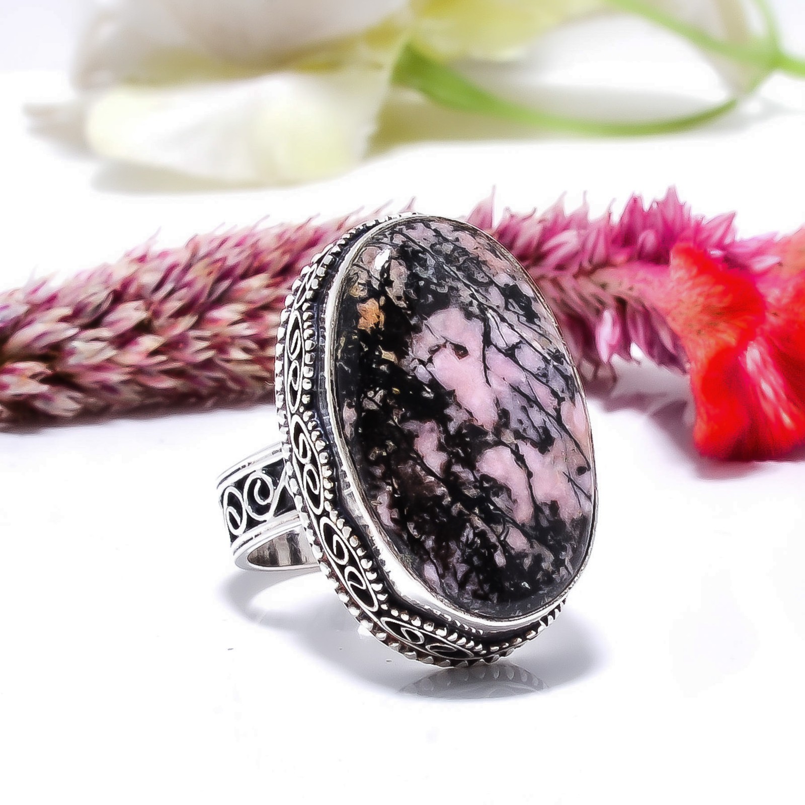 Black Manganese In Rhodonite – Colorado Oxidised 925 Sterling Silver Ring S.8 R0