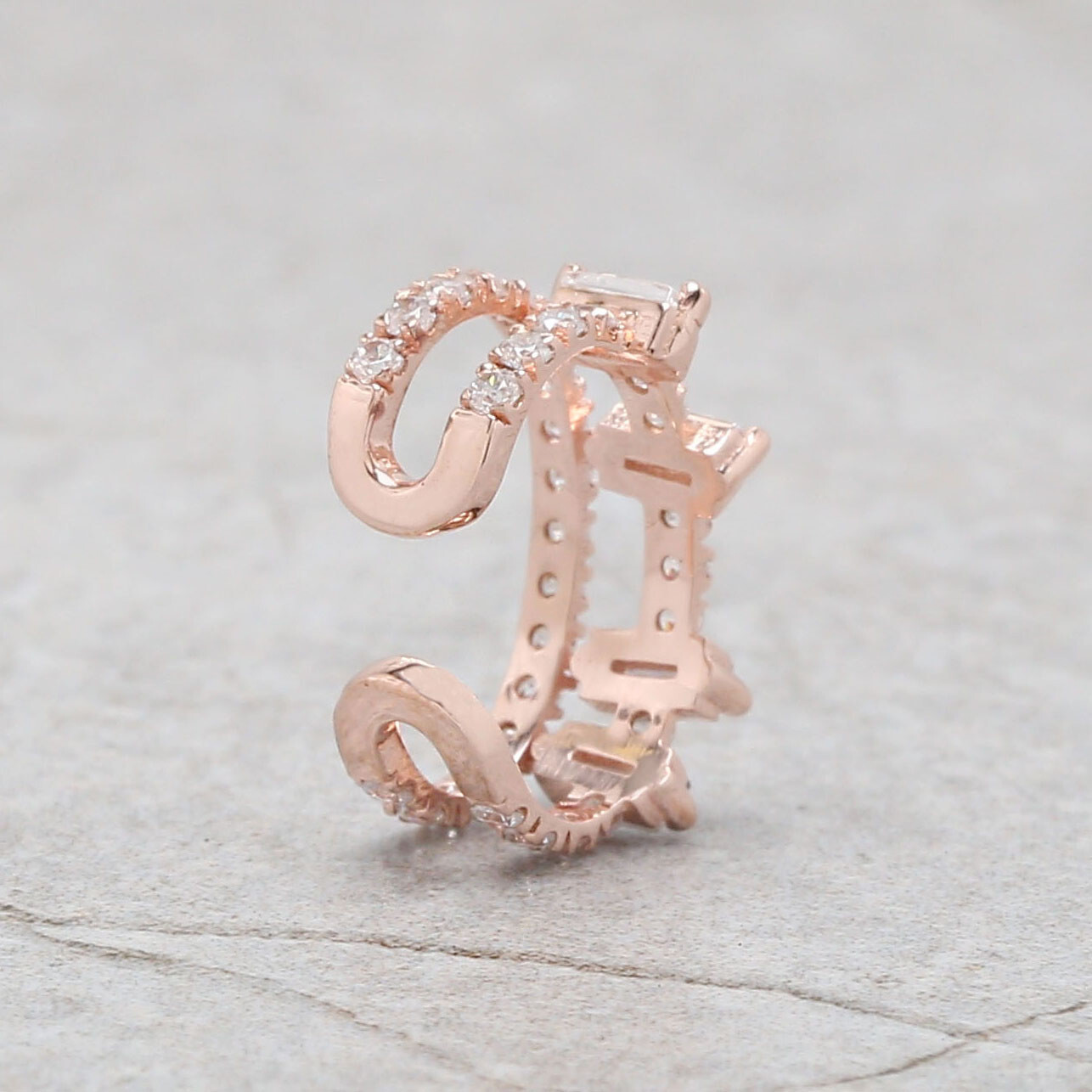 Natural Round /Baguette Diamond Ear Cuff 14K Rose White Yellow Gold KD1085