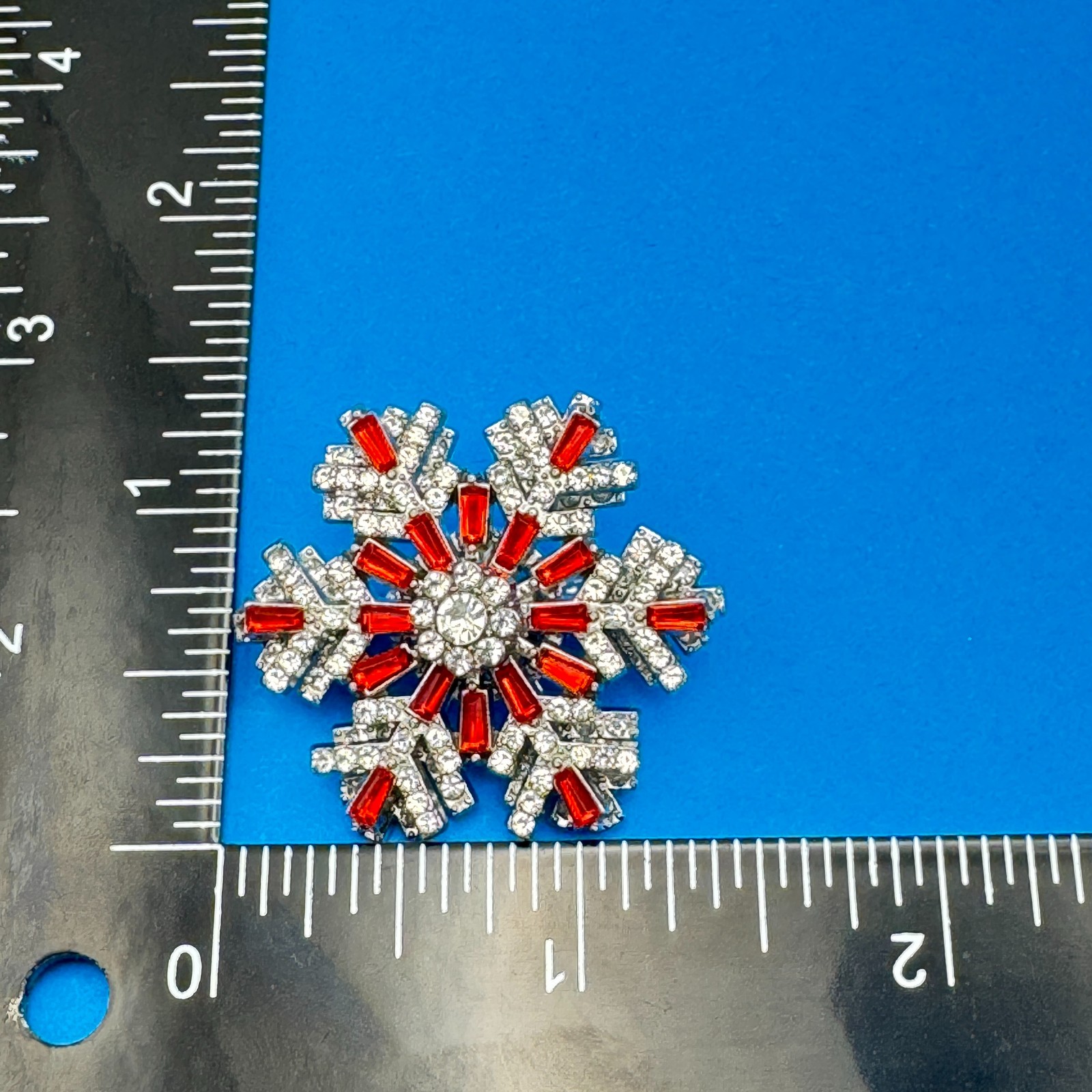 Snowflake Rhinestone Brooch Pin Red Clear Crystal Holiday Jewelry Silver Tone