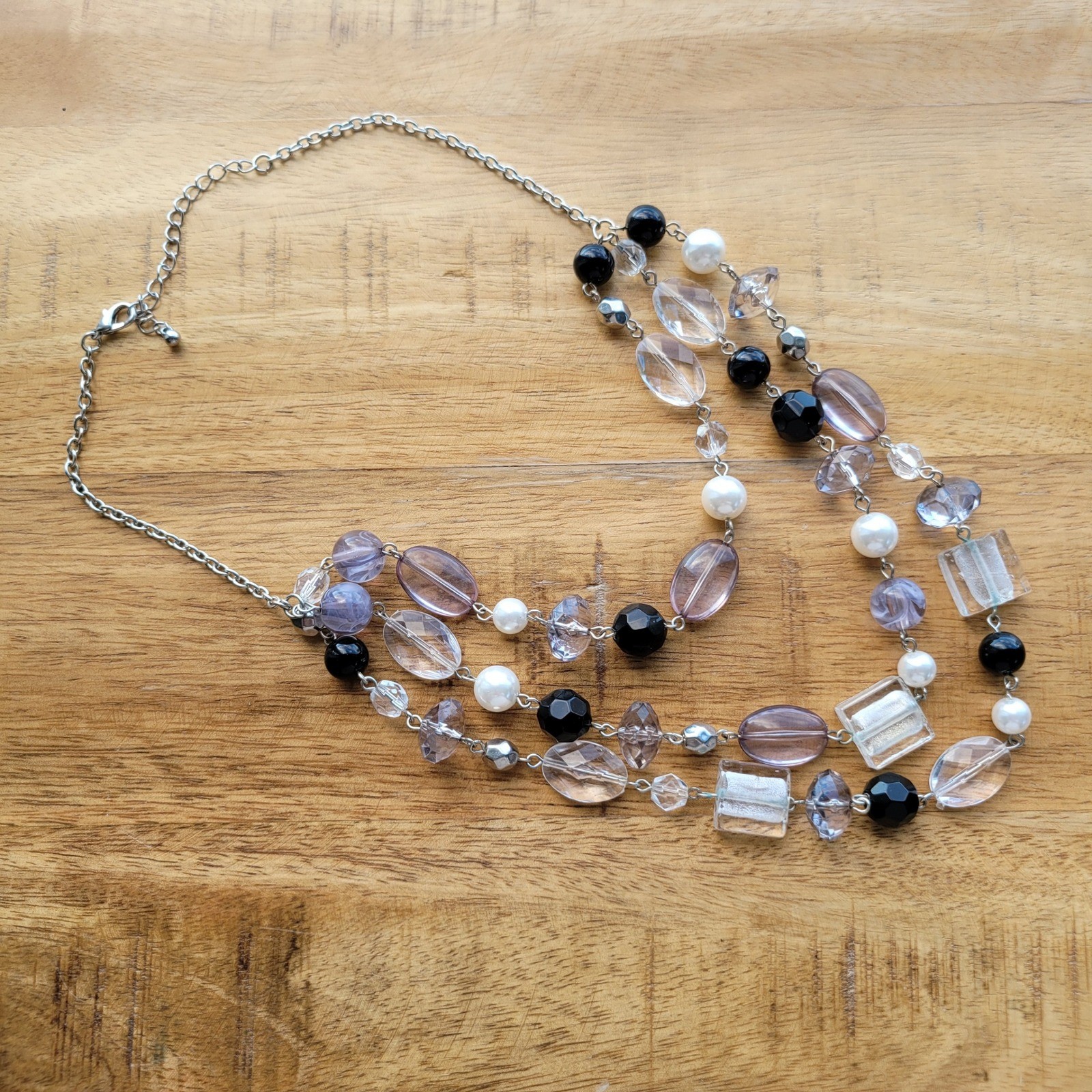 Multi-Strand Layered Beaded Necklace Silver Tone Black White Purple Accents